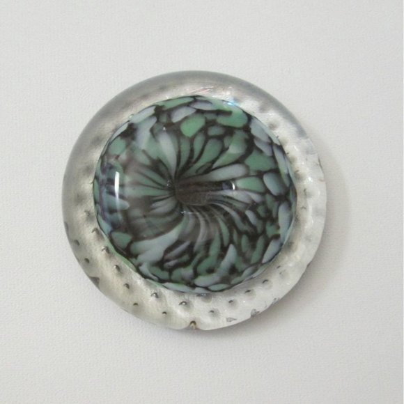 Peter Patterson Art Glass Paperweight Clear Bubbles Green Black Speckled Dome - Picture 4 of 9